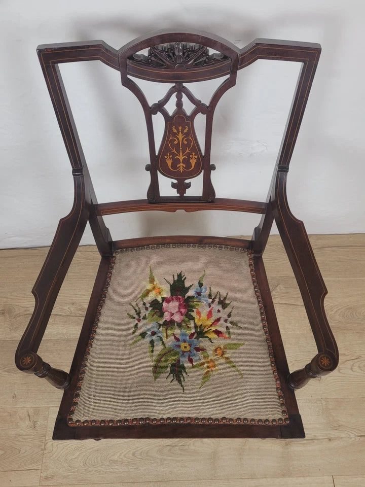 Edwardian Armchair Bedroom Inlaid Motif Carved Floral Postage Available
