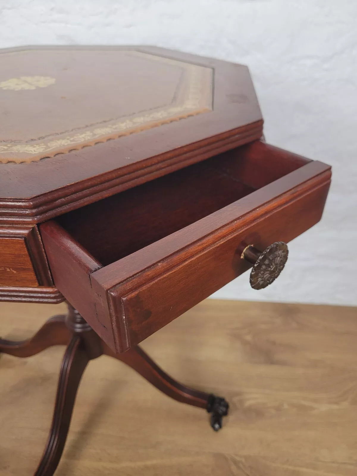 Octagonal Drum Side Table Leather Gilt Castors Drawers Antique Postage Available