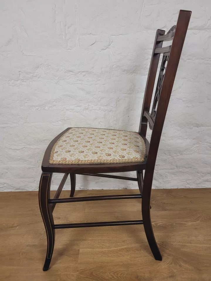 Edwardian Bedroom Chair Carved Splat Inlaid Floral Upholstered Postage Available