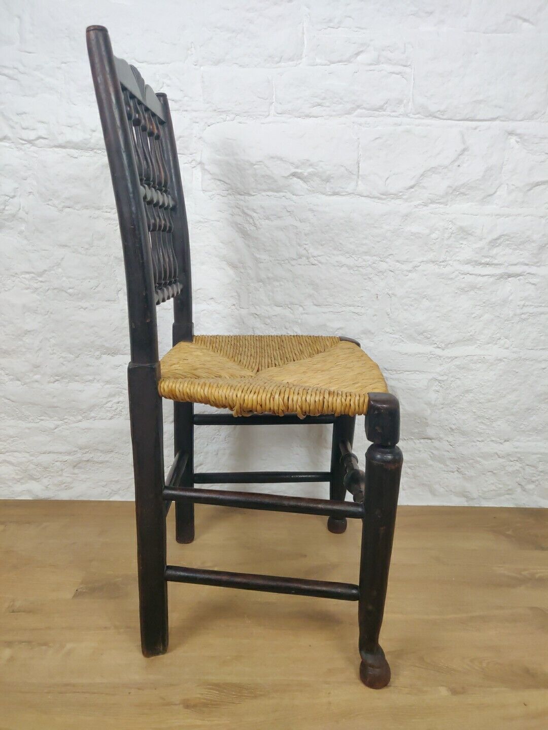 Lancashire Spindle Back Chair Rush Seat Carved Oak 19thC Postage Available