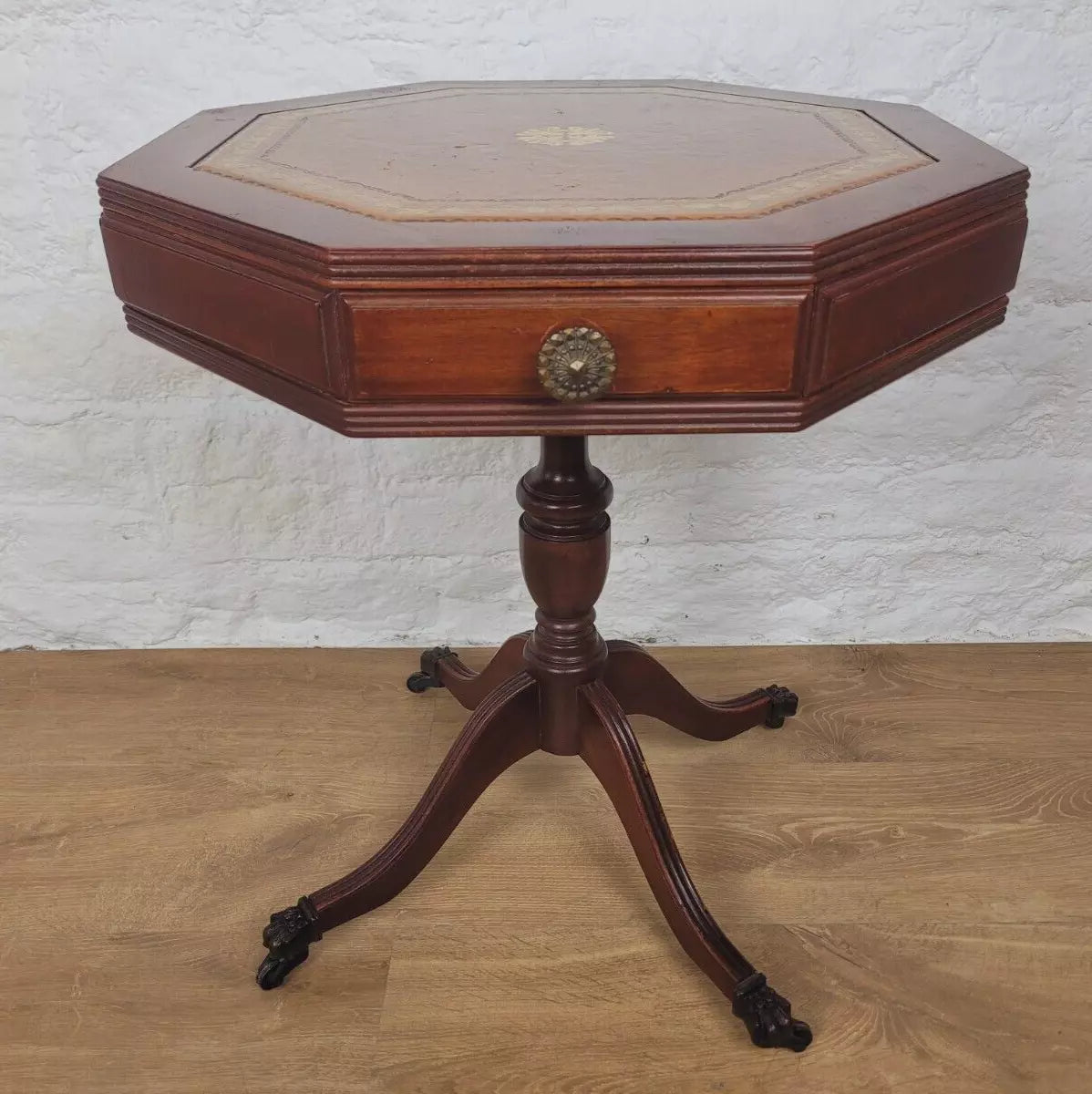 Octagonal Drum Side Table Leather Gilt Castors Drawers Antique Postage Available