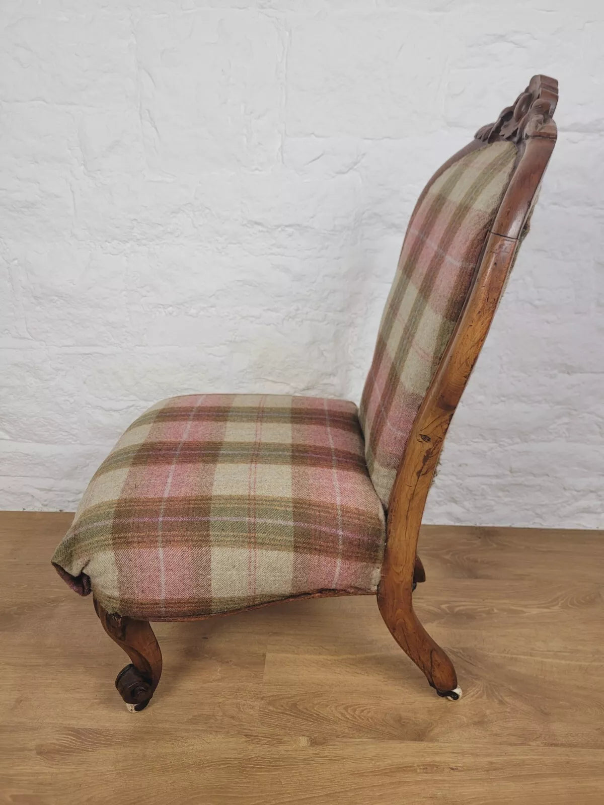 Walnut Nursing Chair Victorian Castors Tartan Carved Foliage Postage Available