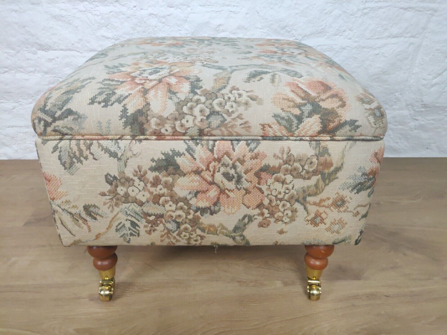 Upholstered Floral Footstool Oak Metal Rolling Castors Country Postage Available