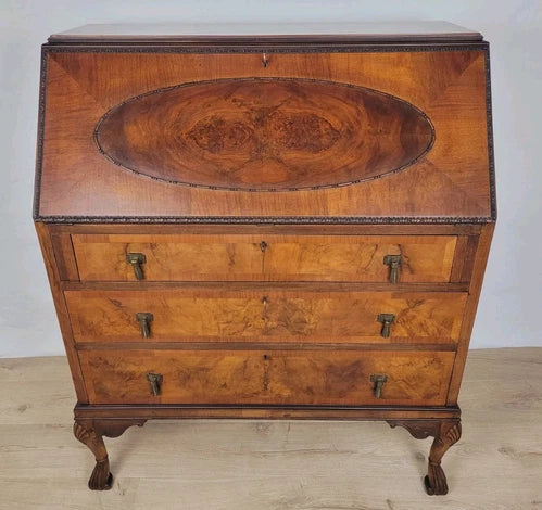 Walnut Writing Bureau Desk Vintage Leather Mid Century Carved Delivery Available