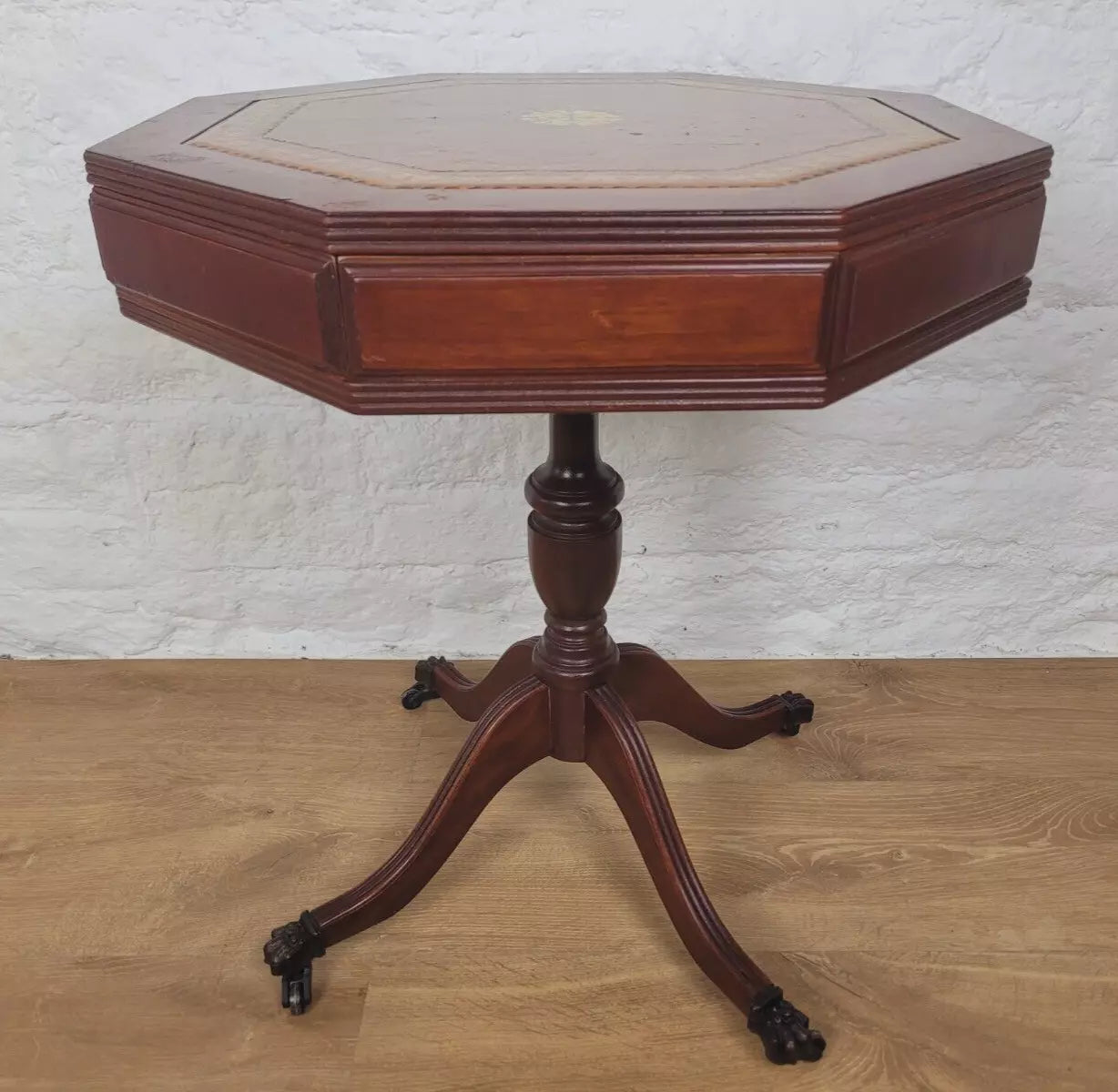 Octagonal Drum Side Table Leather Gilt Castors Drawers Antique Postage Available