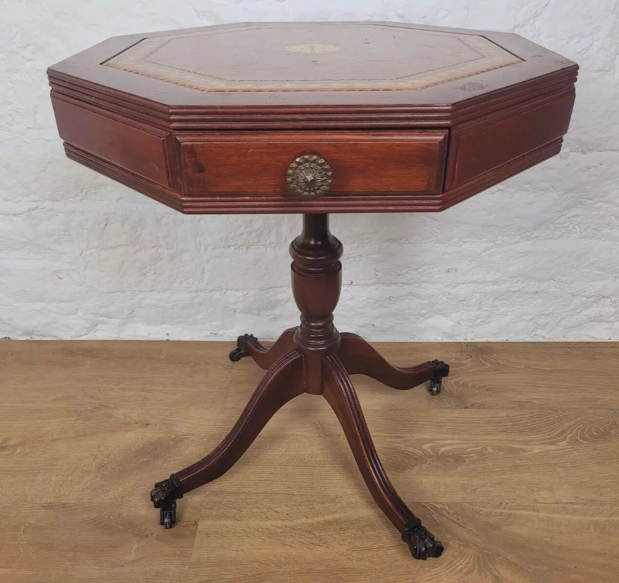 Octagonal Drum Side Table Leather Gilt Castors Drawers Antique Postage Available