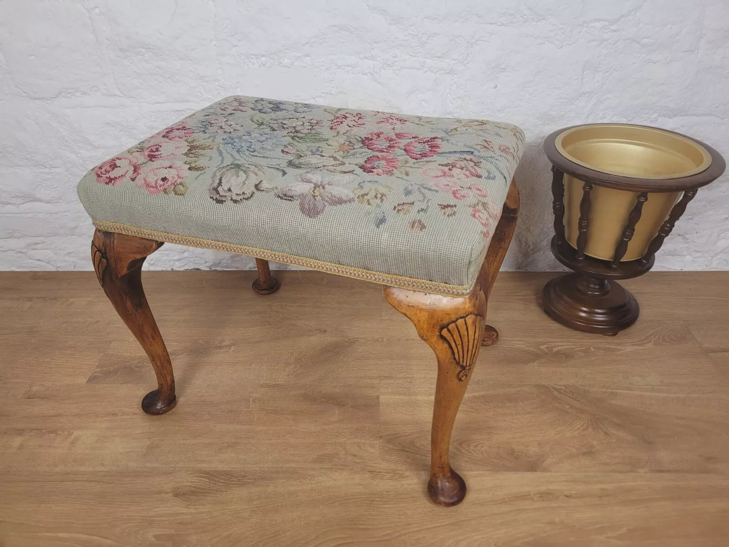 Walnut Dressing Stool Shell Carved Queen Anne Legs Tapestry Postage Available