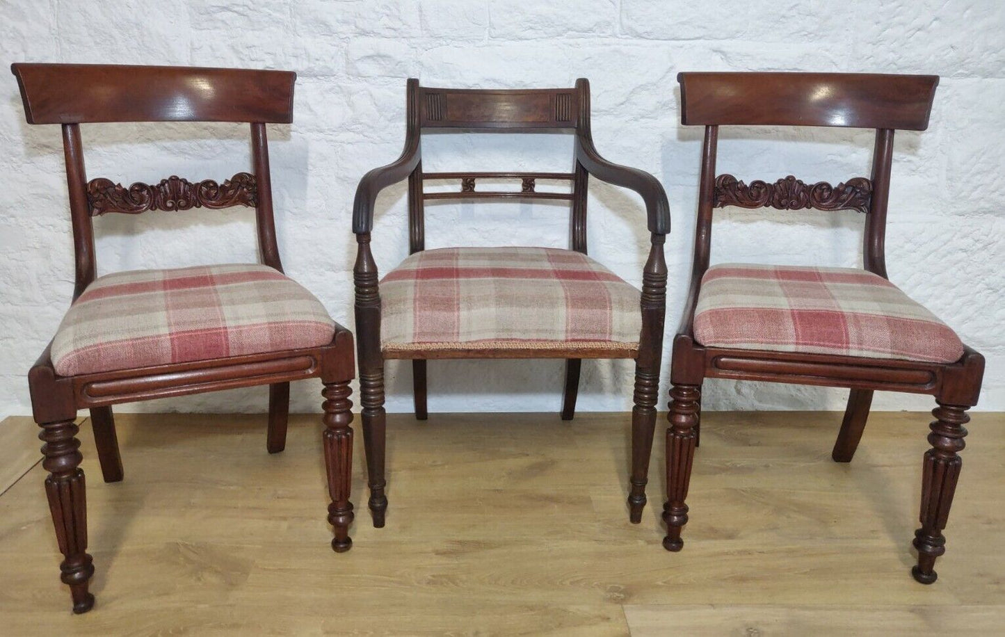 William IV Dining Chairs Set Tweed Carver Foliage Carvings Postage Available