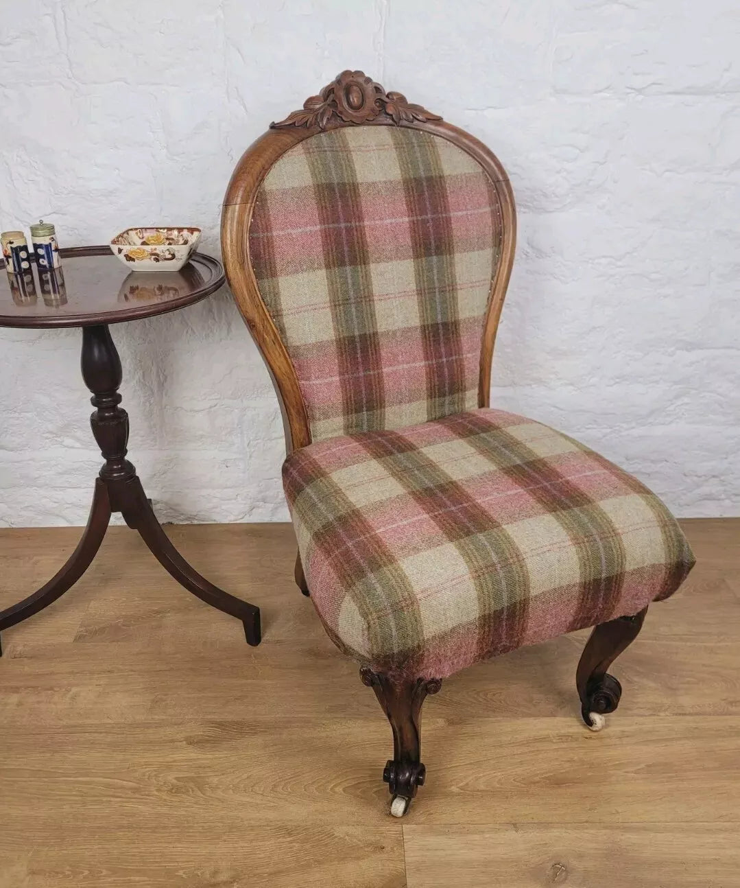 Walnut Nursing Chair Victorian Castors Tartan Carved Foliage Postage Available