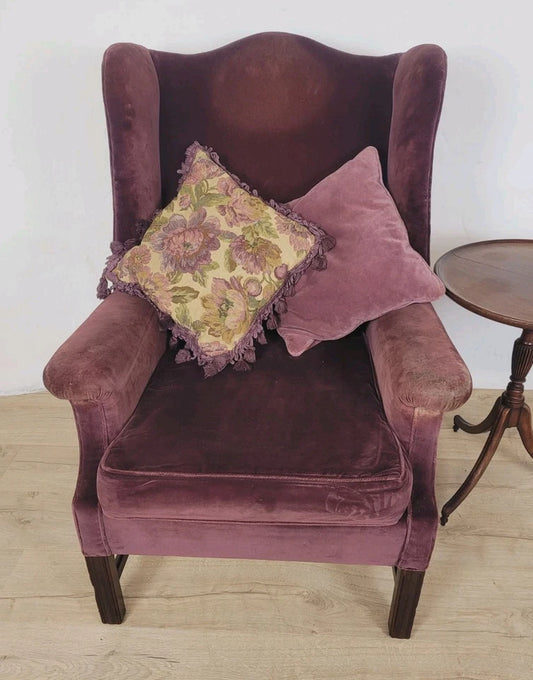 Victorian Wingback Armchair Velvet Purple 19thC Upholstered Delivery Available