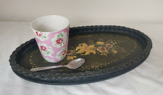 Hand Painted Tray Victorian Serving Black Lacquer Floral Postage Available