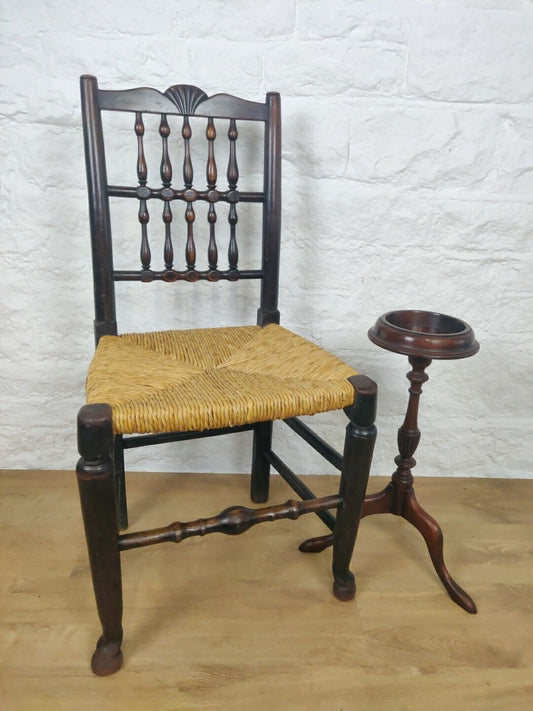 Lancashire Spindle Back Chair Rush Seat Carved Oak 19thC Postage Available