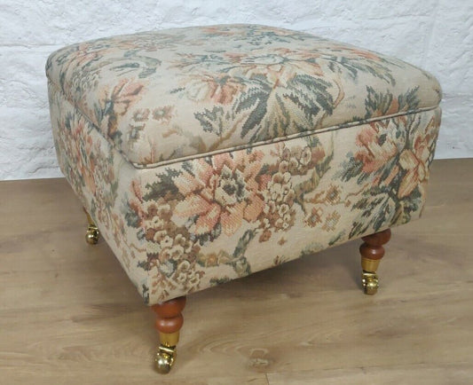 Upholstered Floral Footstool Oak Metal Rolling Castors Country Postage Available