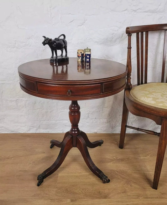 Drum Side Table Round Reproduction Inlaid Paw Castors Drawers Postage Available