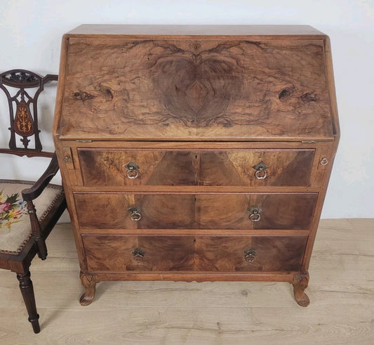 Vintage Writing Bureau Walnut Desk Carved Foliage Mid Century Delivery Available