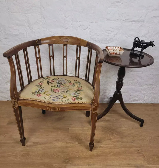 Edwardian Hoop Tub Armchair Inlaid Needlepoint English Oak Postage Available