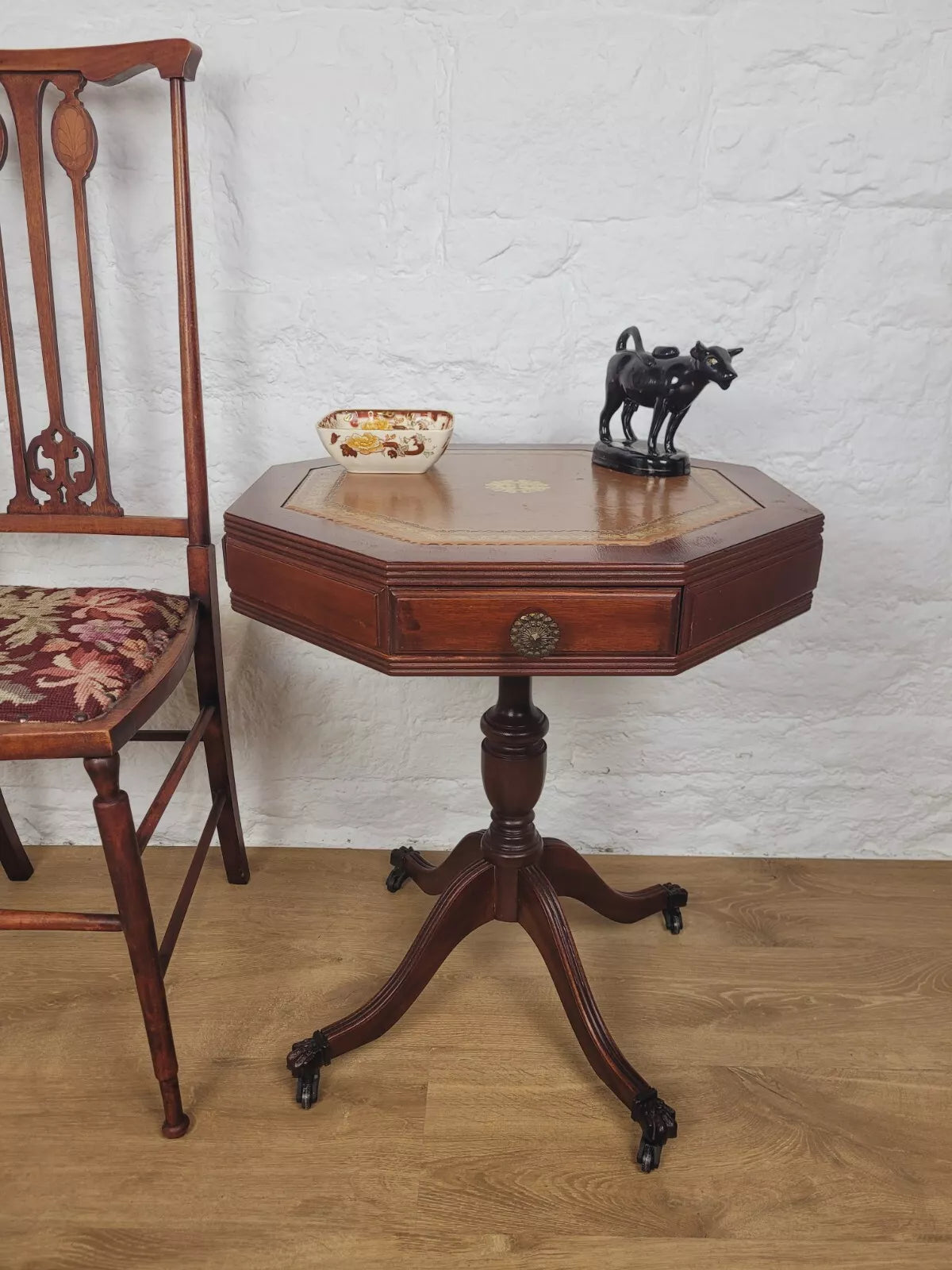 Octagonal Drum Side Table Leather Gilt Castors Drawers Antique Postage Available