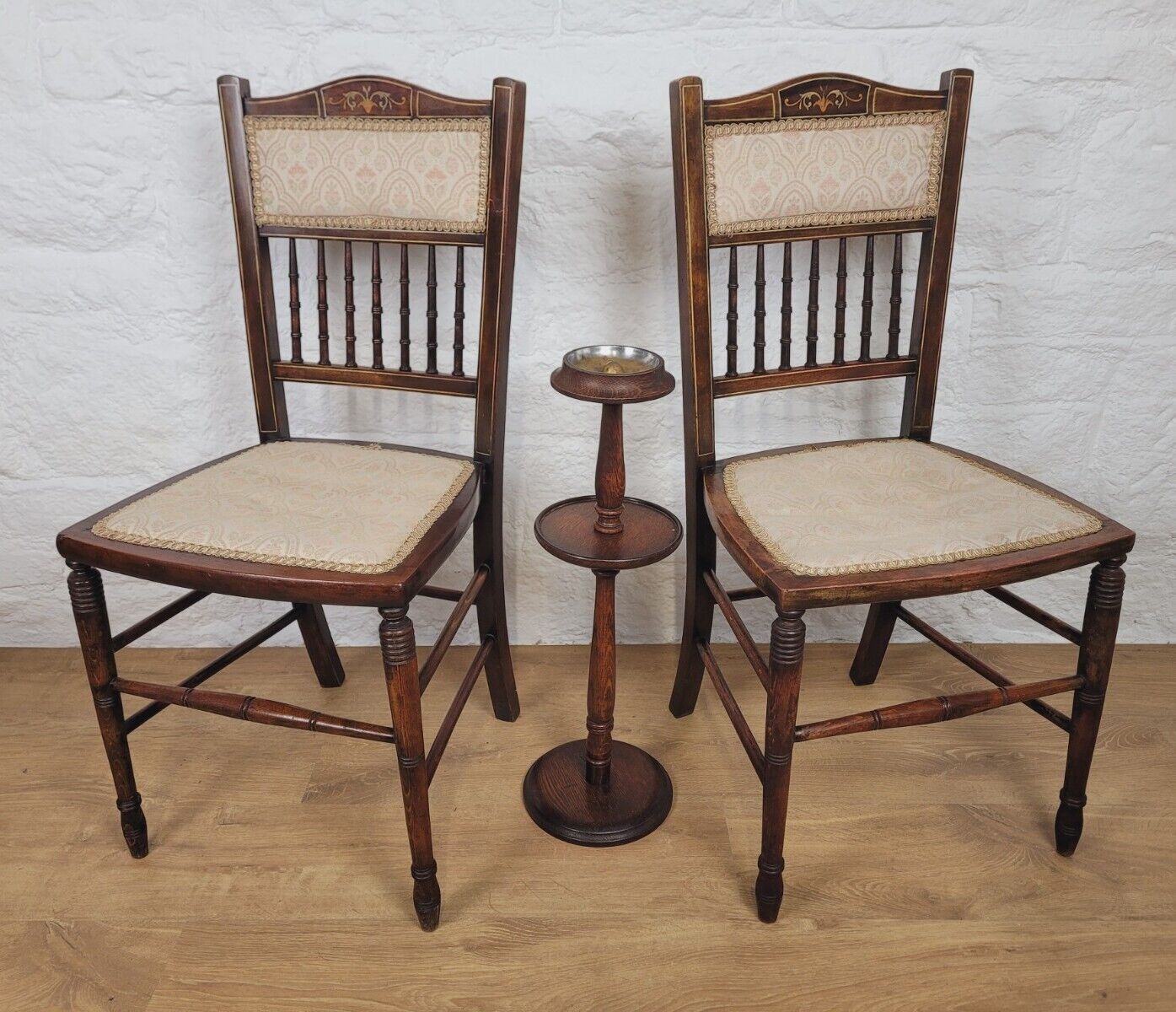 Victorian Inlaid Bedroom Chairs Pair Spindle Back Upholstered Postage Available