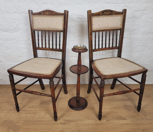 Victorian Inlaid Bedroom Chairs Pair Spindle Back Upholstered Postage Available