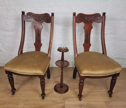 Victorian Dining Chairs Pair Carved Castor Sprung Seat English Postage Available