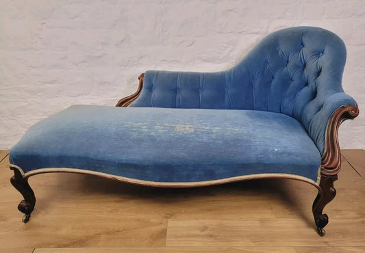 Victorian Chaise Longue Sofa Carved Castors Upholstered Blue Delivery Available