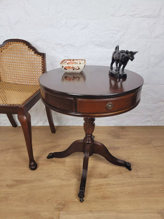 Victorian Drum Side Table Round Inlaid Paw Castors Drawers Postage Available