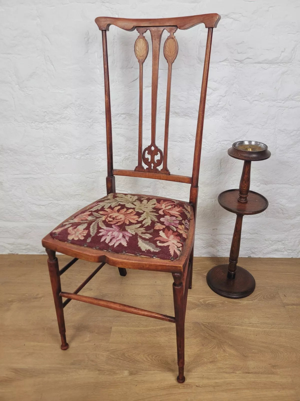 Edwardian Bedroom Chair Inlaid Motif Needlepoint Splatback Postage Available