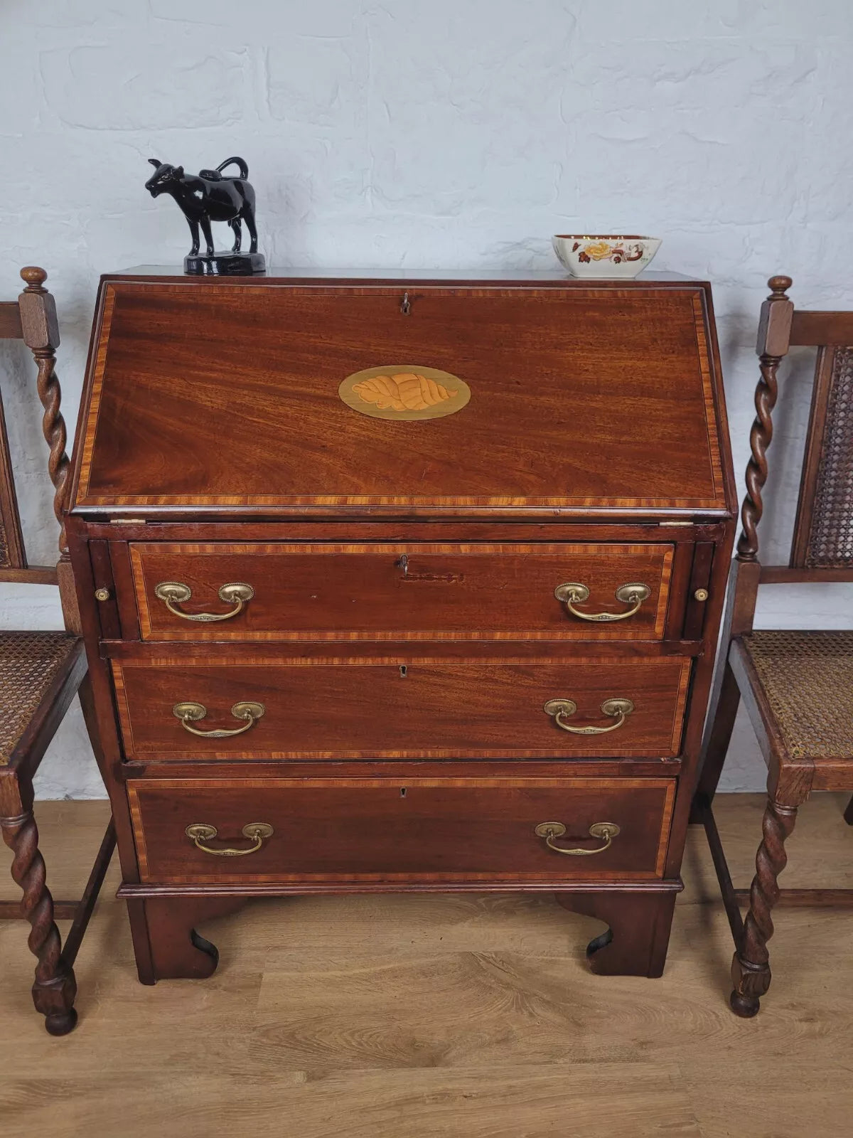 Edwardian Writing Bureau Shell Motif Satinwood Crossbanded Delivery Available