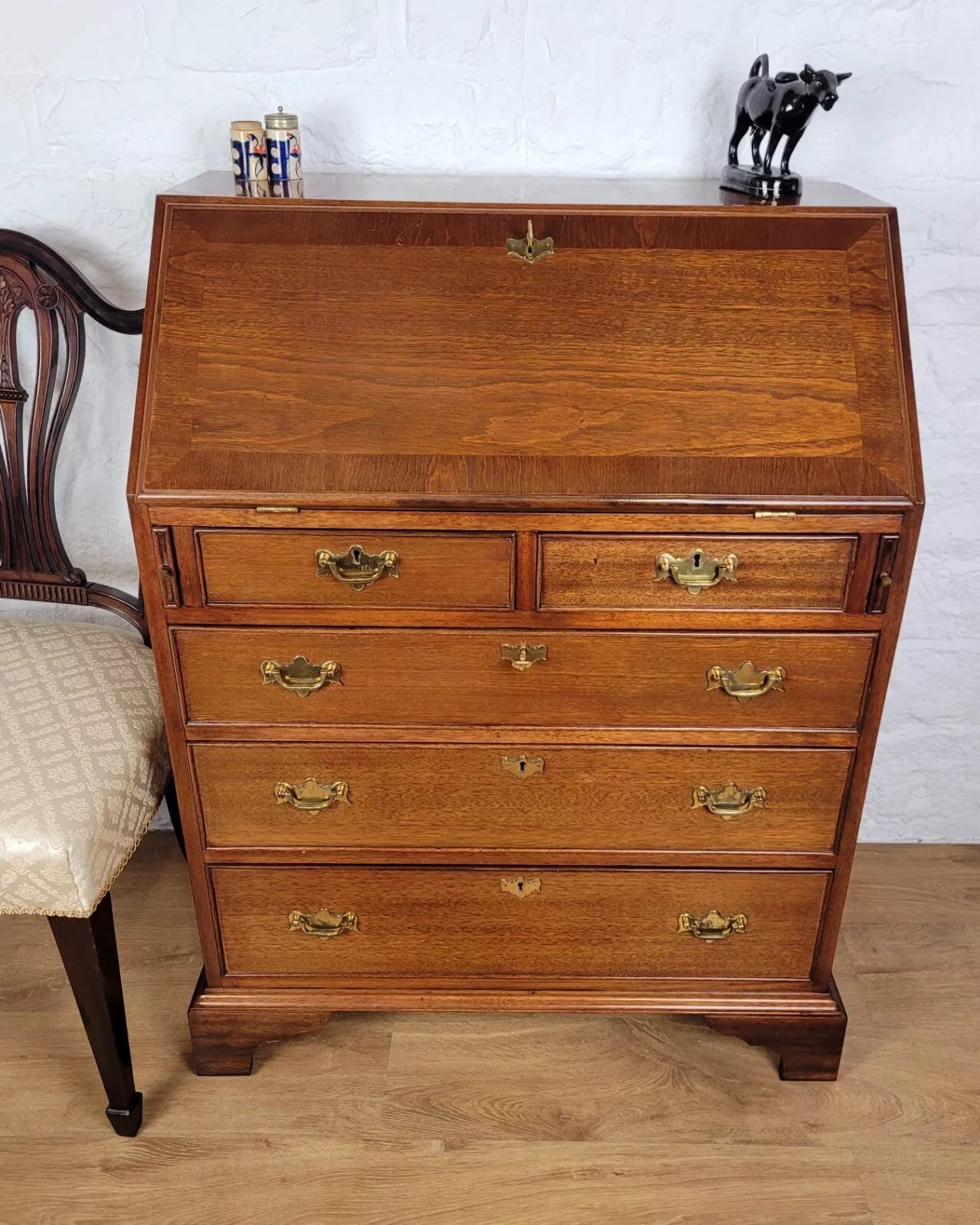 Vintage Writing Bureau Desk Mahogany Key & Lock Brass Handles Delivery Available