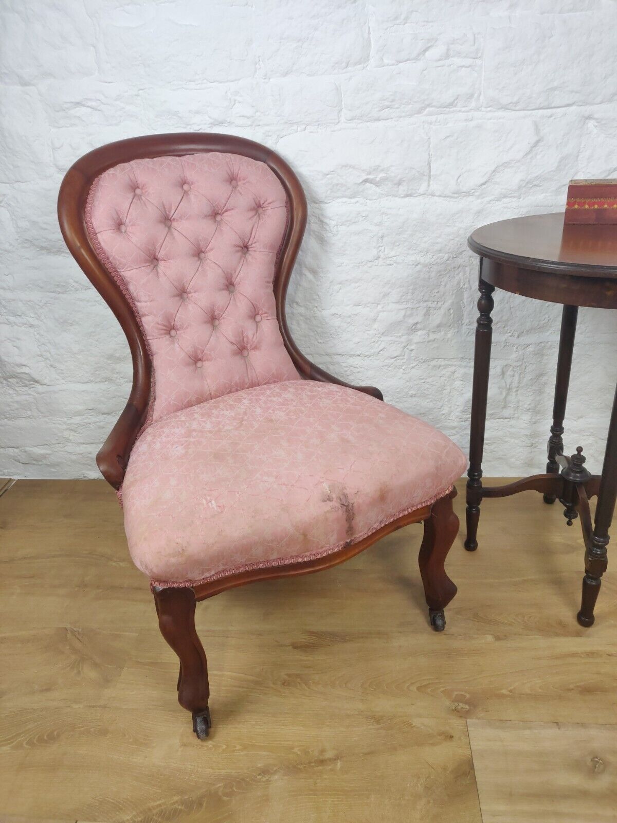 Victorian Nursing Chair Castors Button Back Pink Cabriole Legs Postage Available