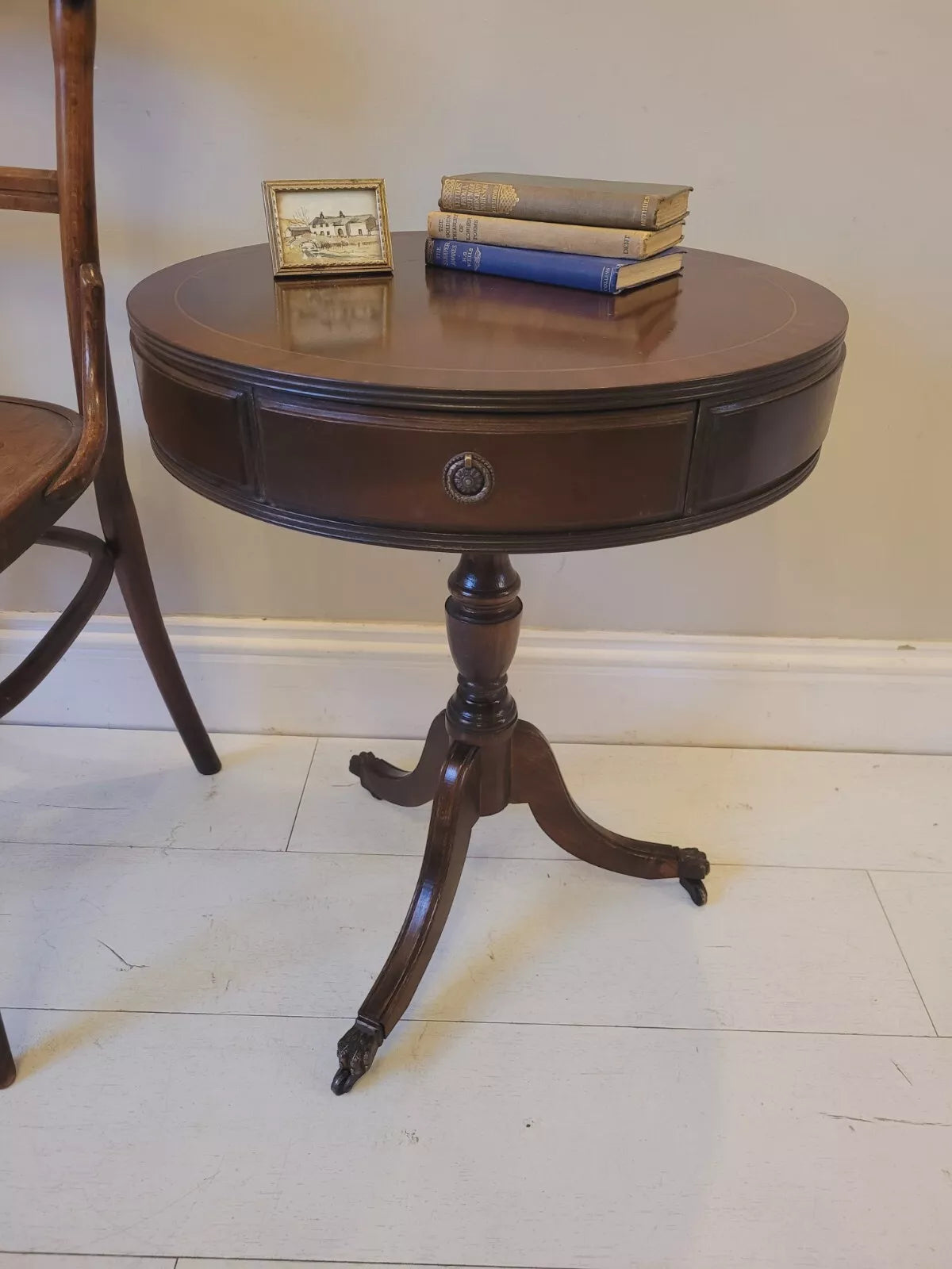 Drum Side Table Round Reproduction Inlaid Paw Castors Drawers Postage Available