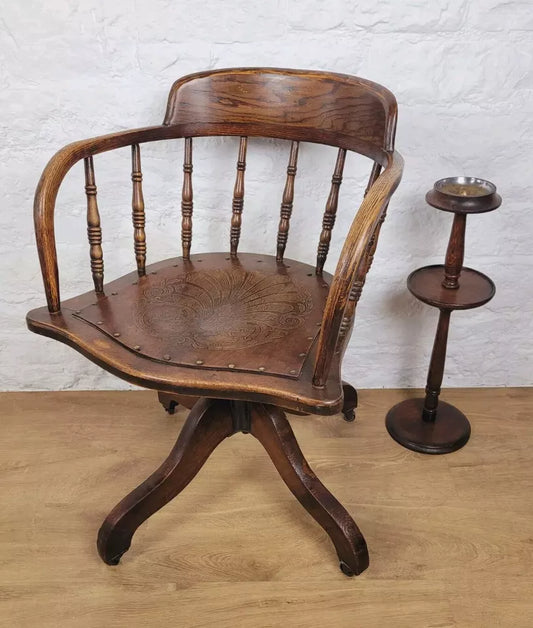 Edwardian Office Elbow Chair Oak English Swivel Spindle Back Postage Available