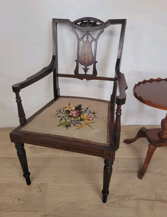 Edwardian Armchair Bedroom Inlaid Motif Carved Floral Postage Available