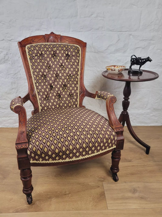 Victorian Armchair Carved Sunburst Button Back Sprung Seat Delivery Available