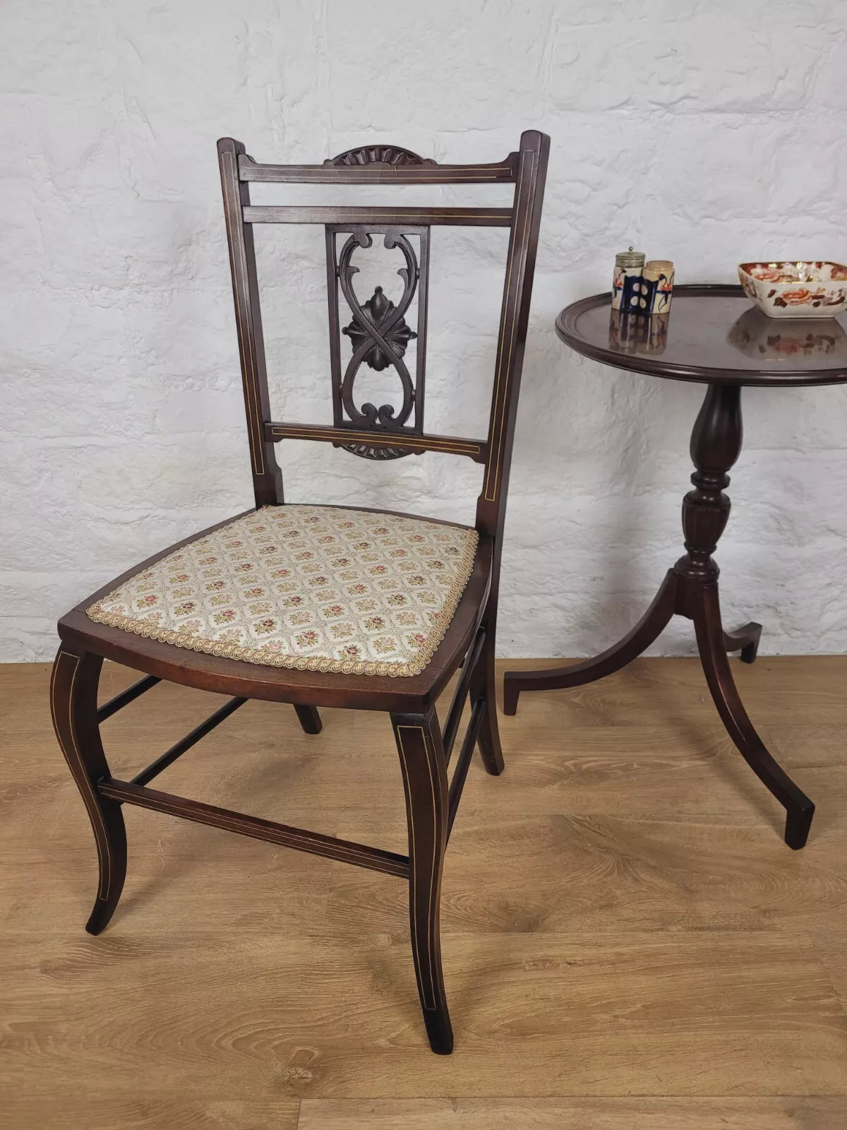 Edwardian Bedroom Chair Carved Splat Inlaid Floral Upholstered Postage Available