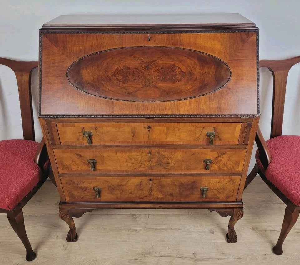 Walnut Writing Bureau Desk Vintage Leather Mid Century Carved Delivery Available