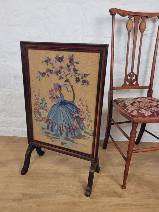 Victorian Fire Screen Needlepoint Lady 19th Century Mahogany Postage Available