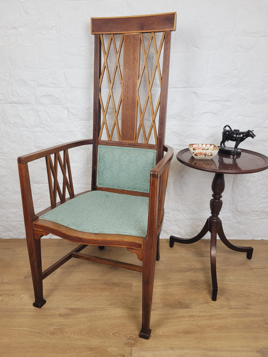 Edwardian High Back Armchair Inlaid Satinwood Upholstered Delivery Available