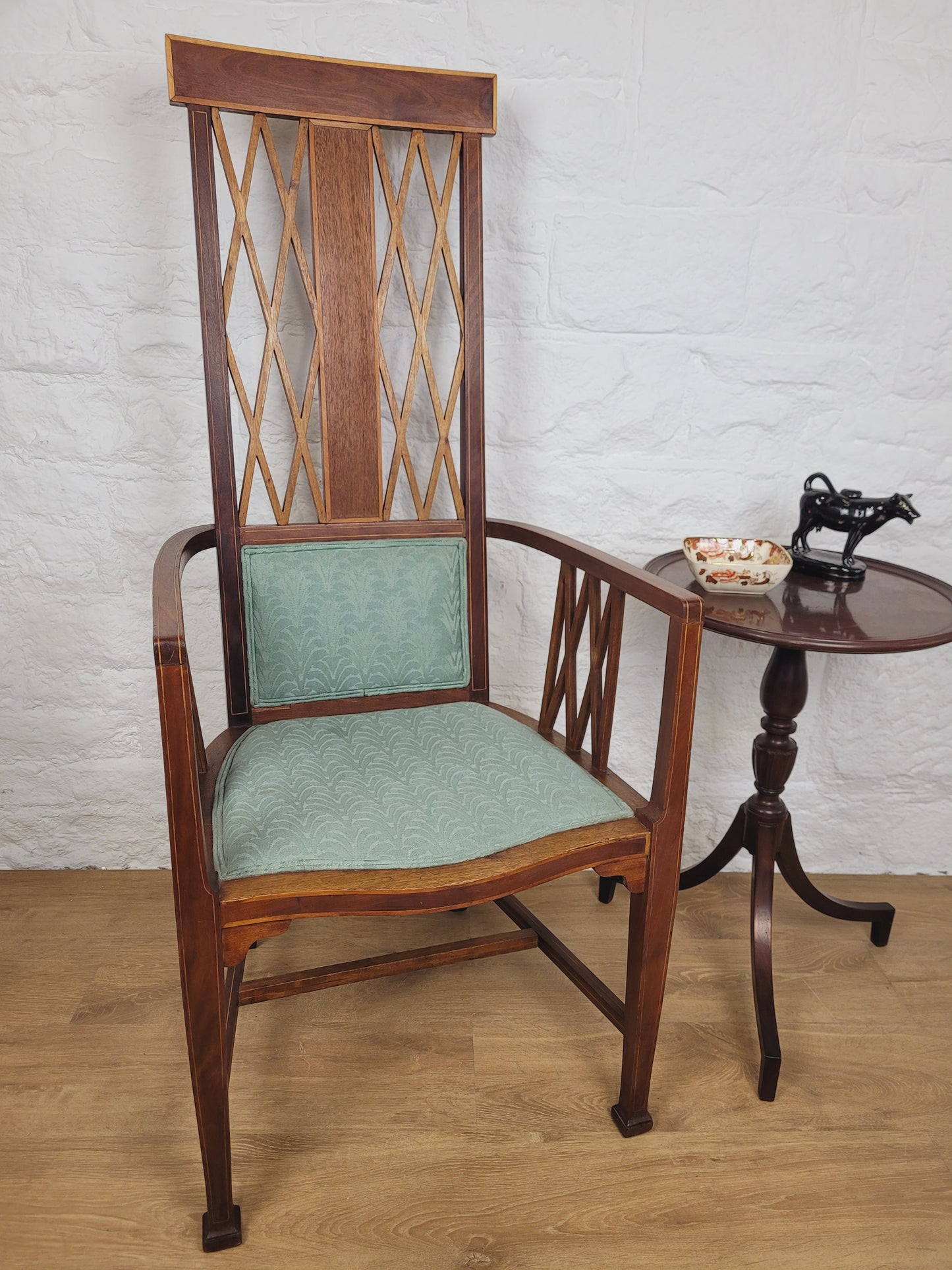 Edwardian High Back Armchair Inlaid Satinwood Upholstered Delivery Available