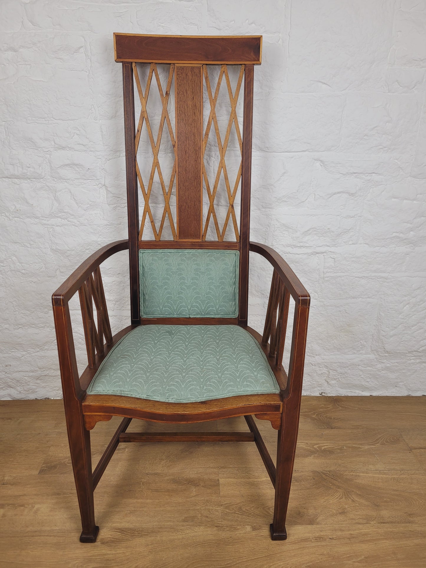 Edwardian High Back Armchair Inlaid Satinwood Upholstered Delivery Available