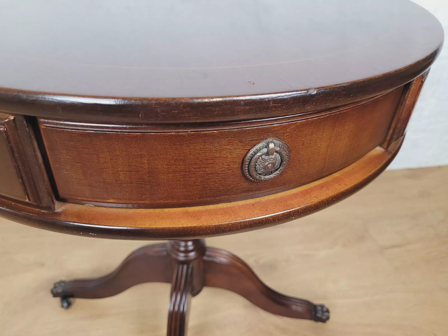 Victorian Drum Side Table Round Inlaid Paw Castors Drawers Postage Available