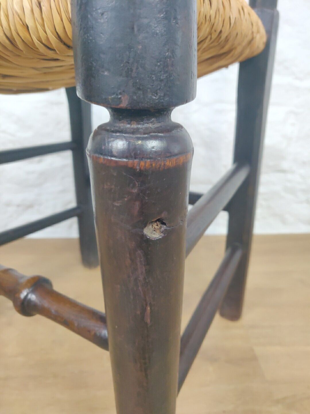 Lancashire Spindle Back Chair Rush Seat Carved Oak 19thC Postage Available