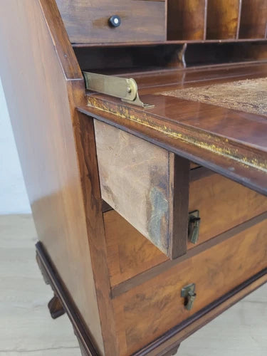 Walnut Writing Bureau Desk Vintage Leather Mid Century Carved Delivery Available