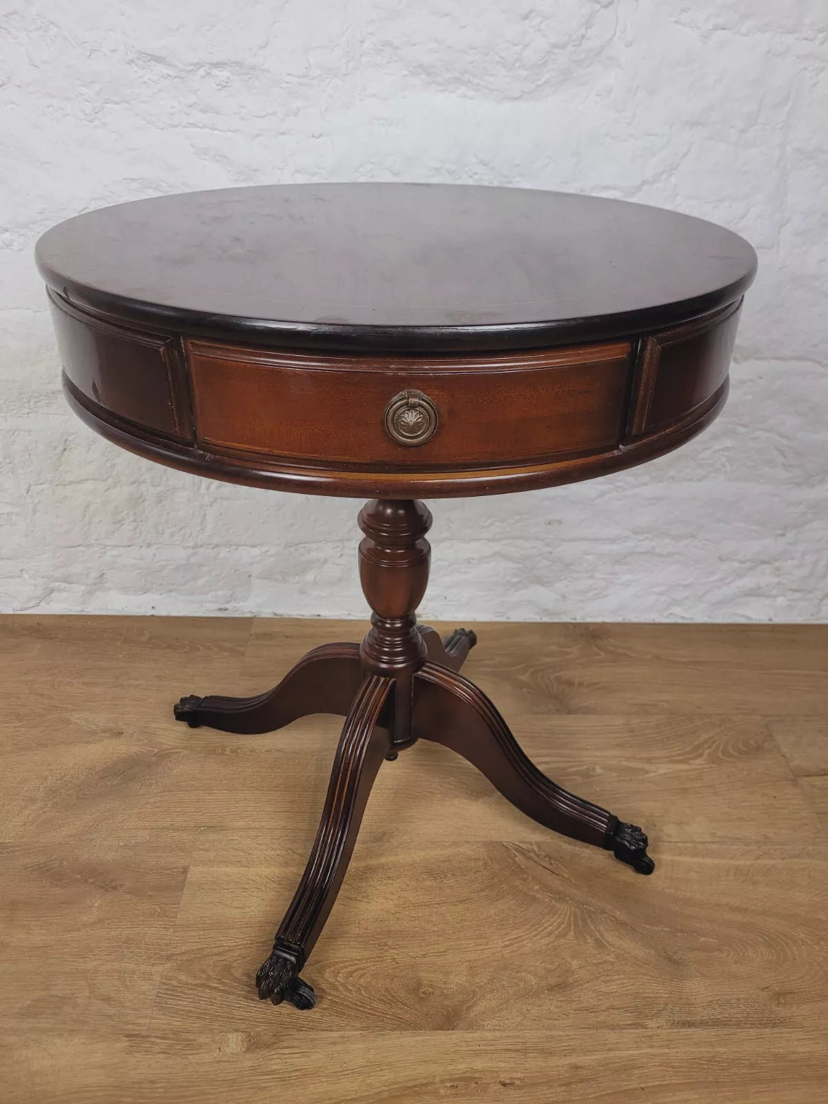 Victorian Drum Side Table Round Inlaid Paw Castors Drawers Postage Available