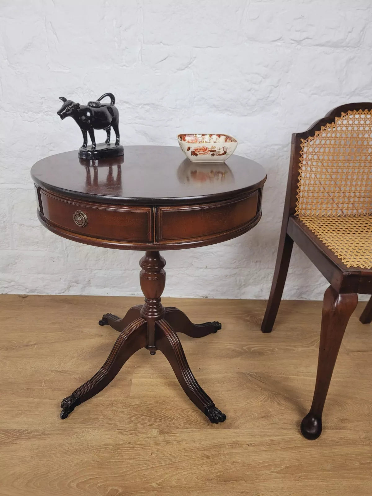 Victorian Drum Side Table Round Inlaid Paw Castors Drawers Postage Available