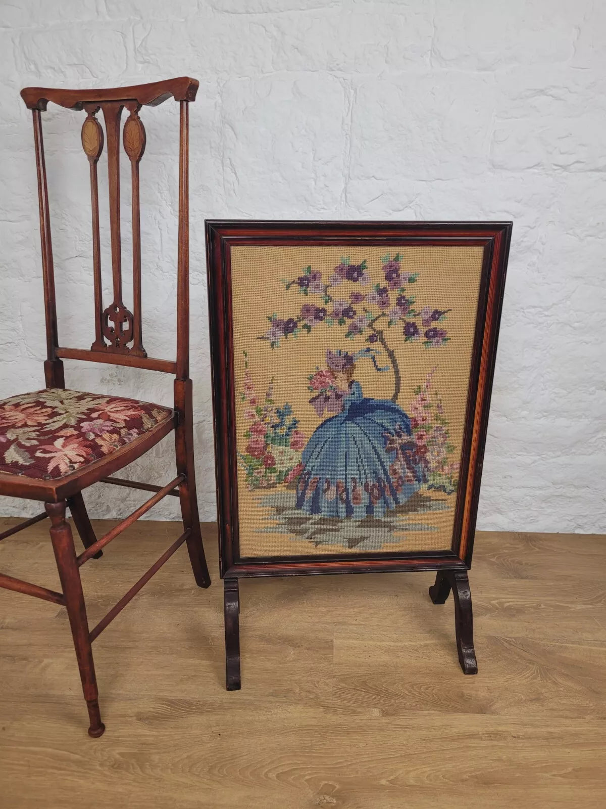 Victorian Fire Screen Needlepoint Lady 19th Century Mahogany Postage Available