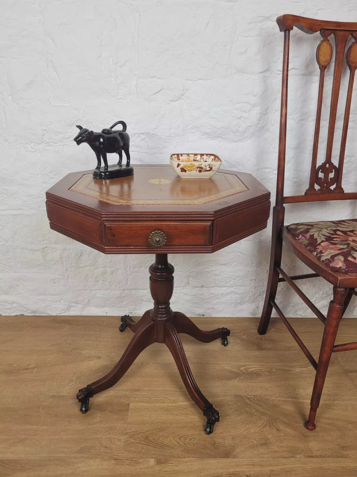 Octagonal Drum Side Table Leather Gilt Castors Drawers Antique Postage Available