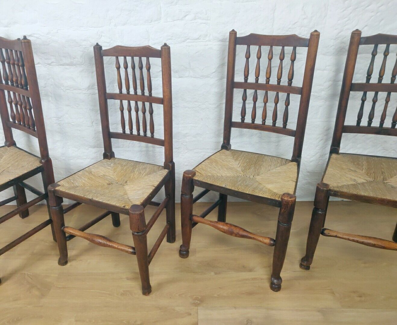 Dining Chairs Set Of 4 Rush Seat Oak 19th Century Spindle Back Postage Available