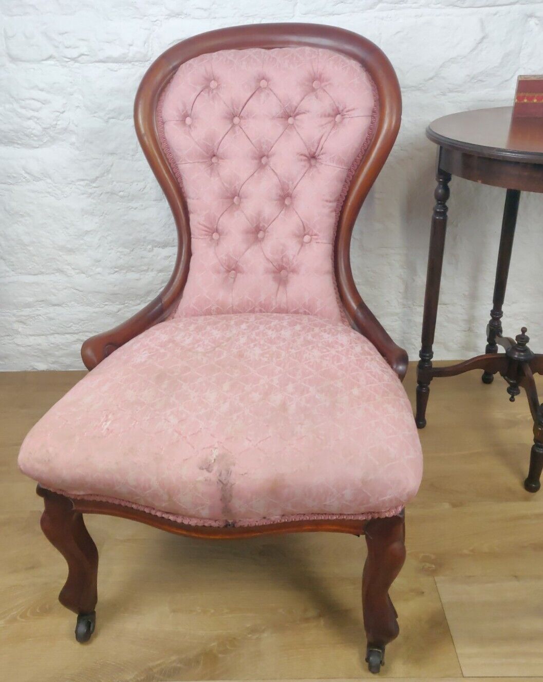 Victorian Nursing Chair Castors Button Back Pink Cabriole Legs Postage Available