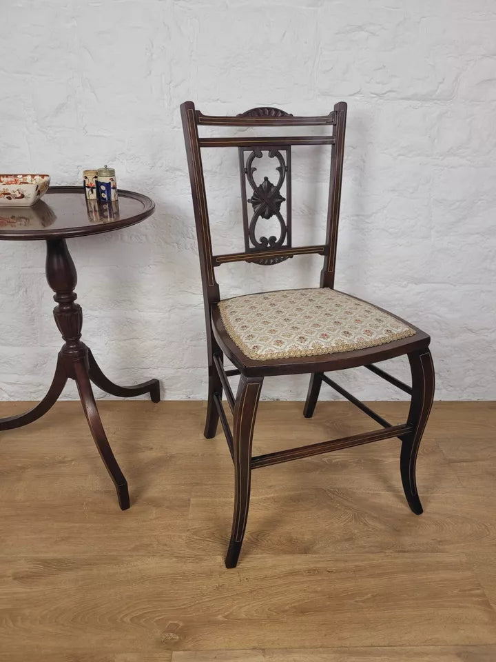 Edwardian Bedroom Chair Carved Splat Inlaid Floral Upholstered Postage Available